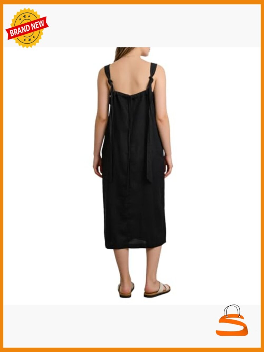 100% Linen Square Neck Sleeveless Tie Strap Midi Dress with Pockets - Picture 2 of 7